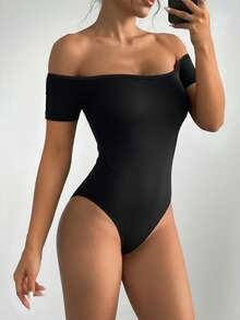 ChicMe Women Off Shoulder Minimalist Slim Fit Bodysuit Short Sleeve Casual Top Skin Friendly Daily Fashion Outfit Black Summer - Black - View 3