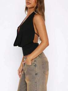 Camiseta de tirantes con cuello de corbata versátil y sexy para mujer, adecuada para primavera/verano, color negro casual - Negro - Ver 4