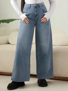 DAZY Wide Leg Denim Jeans Old Money Style Business Casual Woman Work Clothes - Light Wash - View 1