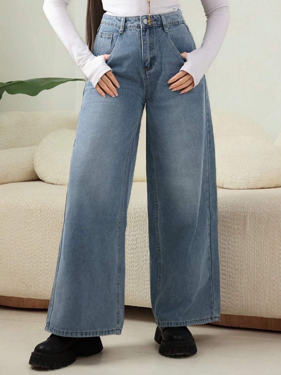 DAZY Wide Leg Denim Jeans Old Money Style Business Casual Woman Work Clothes - Light Wash - View 1