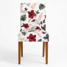 Chair Cover Set For 6 People, Kitchen/Dining Room, Printed Gel Knit - 白色/紅色花卉 - 查看 3