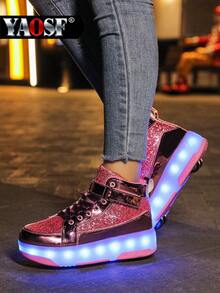 YAOSF 儿童及青少年轮滑鞋 - 升级版，稳定性更强，可拆卸两用运动鞋，街头酷炫轮滑鞋，户外运动夜光鞋，亲子鞋，新款直排轮滑鞋，带轮夜光鞋，夜间照明鞋 - 粉色 - 查看 6