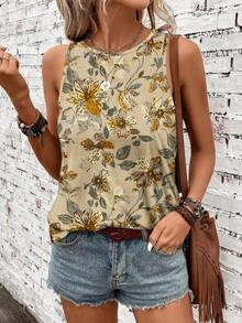 Women's Leaf & Floral Print Sleeveless Top, Fashionable Elegant Casual Daily Wear - Apricot - View 7