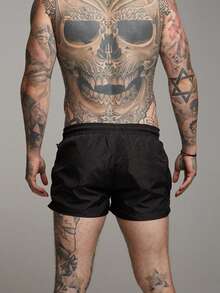 Summer Solid Color Drawstring Elastic Waist Black Short Inseam Quick Dry Men's Beach Shorts For World Cup Fans - 黑色 - 查看 6