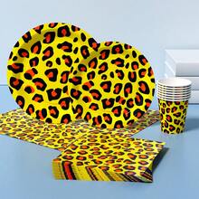 黄色豹纹一次性餐盘、餐巾纸、杯子套装，派对用品，可供8位客人使用，一次性纸盘，派对餐具，适合生日、婚礼、主题派对、家庭野餐等场合。 - 彩色 - 查看 3