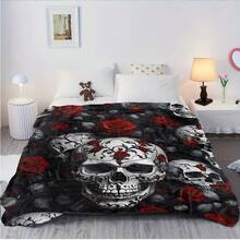Plush Perfection, Skull & Floral 3D Print Flannel Throw Blanket - All-Season, Hypoallergenic Comfort For Couch, Bed, Office, Travel, Camping | Machine Washable, Versatile Digital Print Polyester Home Decor Gift - Mixed Colors - View 3