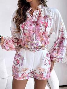 ChicMe Women's 2-Piece Floral Placement Print Set, Stand Collar Lantern Sleeve Top + Elastic Back Waist Belt Shorts, Elegant Daily Party Vacation Outfit - Baby Pink - View 10