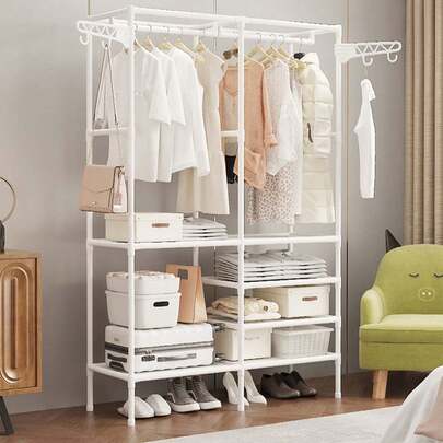 HUOMAQFAN Clothes Storage Organizer Clothes Rack 63 Inch With 3 Hanging Rods White Garment Rack For Bedroom Closet Living Room Use