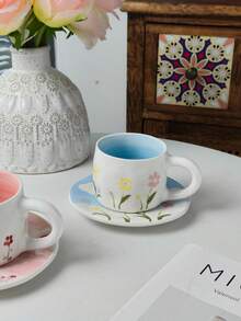 1 Set Pink Sky Handmade Ceramic Cup & Saucer, Afternoon Tea Coffee Cup & Saucer Set, Ceramic Coffee Cup & Saucer Set, Perfect Gift For Valentine's Day - Pink - View 6