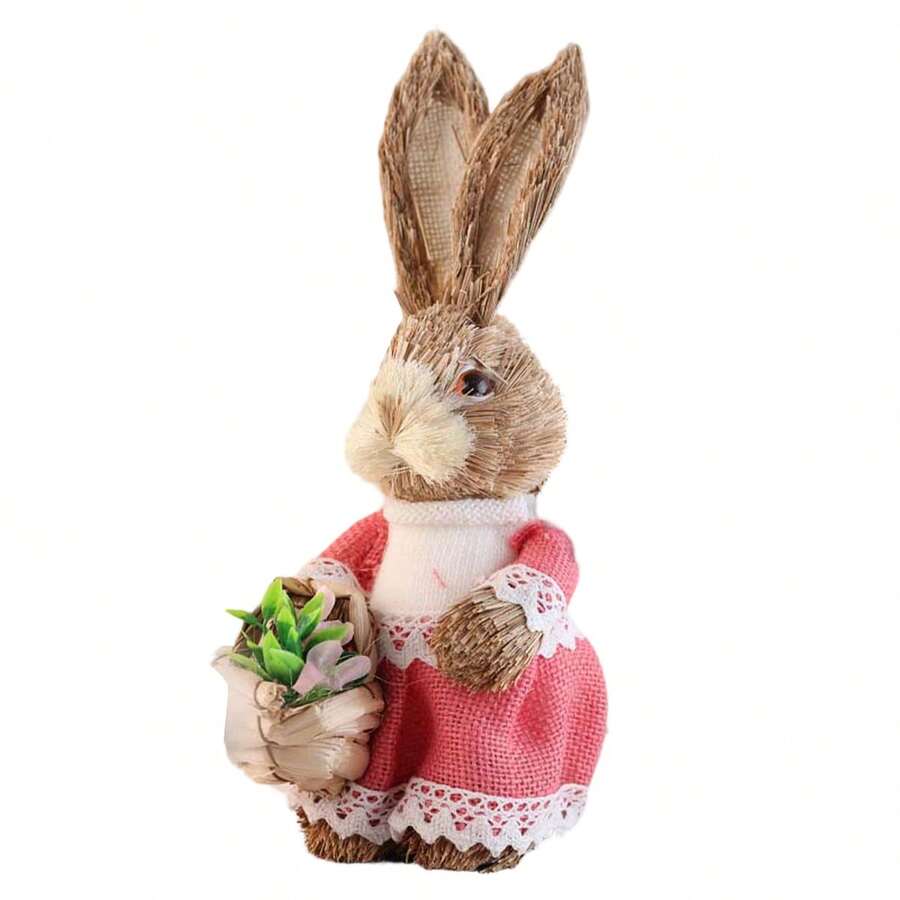 Straw Easter Bunny Figurines Rustic Rattan Rabbit Figure Tabletop Ornament For Living Room Party Decorations - D - View 1