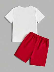 Set de 2 piezas de camiseta de manga corta con estampado de letras y pantalones cortos casuales para niños - Rojo - Ver 3