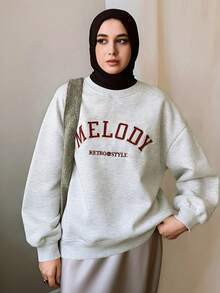 Livesso Women Round Neck Loose Letter Embroidery Pullover Sweatshirt,Long Sleeve Tops - Light Grey - View 2