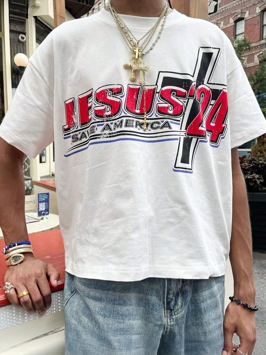 男士街头风图案T恤，宽松复古“耶稣”印花T恤，仿棉复古上衣，嘻哈美学夏季服装 - 彩色 - 查看 1