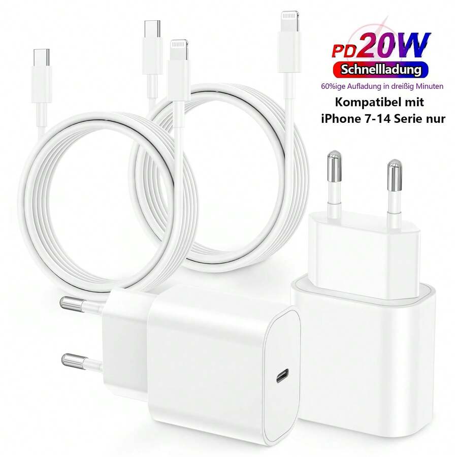 FCV 快速充电欧规C/E/F插头，220-240V，3系列同款墙充，20W USB-C墙充，配备3英尺/6英尺Lightning转Type-C充电线，欧规电源，PD 3.0快充，1米/2米Lightning数据线，兼容 14 Pro Max、13、12、11、XS Max，情人节礼物 - 查看 1