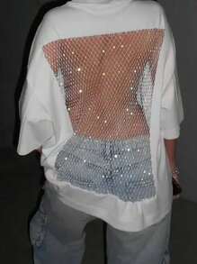 Popular Women's Rhinestone Fishnet Cutout Tee - Oversize White Casual Party Top - White - View 1