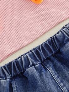 Toddler Baby Girls Easter Outfits 2 Piece Spring Summer Clothes 3D Carrot Waffle Sleeveless Tank Tops And Denim Shorts Set - Pink - View 7