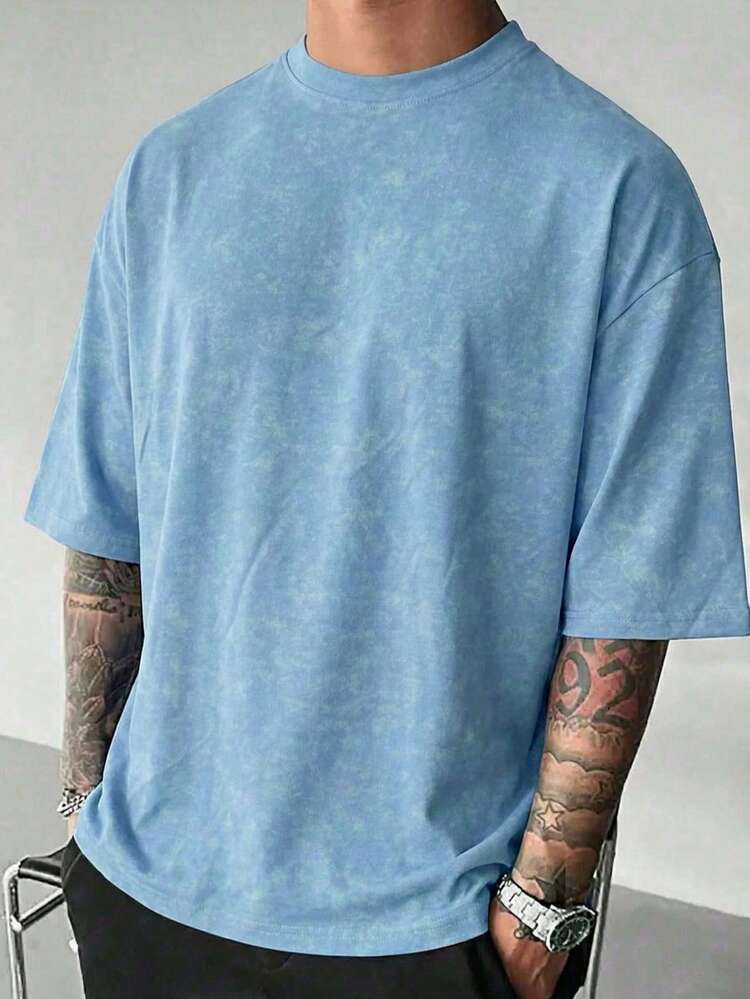 GRDR Men's Retro Minimalist Solid Color Washed Short Sleeve T-Shirt, Comfortable & Breathable, Suitable For Summer, Leading Fashion - Dusty Blue - View 2