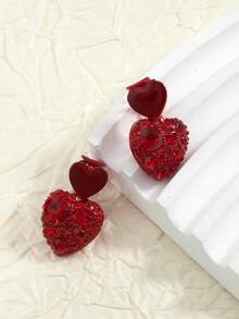 1 Đôi bông tai kẹp hình trái tim đính đá đỏ, kiểu dáng thời trang Hàn Quốc, thanh thoát, quyến rũ với hiệu ứng 3D ngọt ngào. - Một kích thước 3 - Xem 3