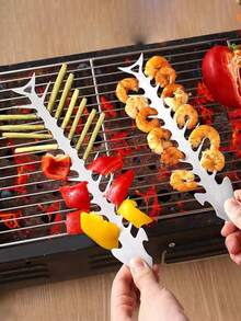 1pc Stainless Steel Fish Bone Shaped Barbecue Skewer, Outdoor Camping Grilling Meat Kebab Tool - Fishbone Shape - View 3