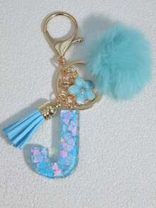 1pc Blue Heart Letter Keychain With Butterfly & Flower Decor, Women Bag Charm, Gift Keyring With Pom Pom Gifts For Mother, Father, Graduation, And Teacher - Baby Blue - View 24