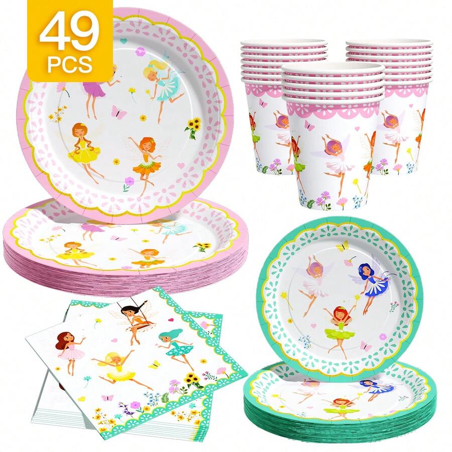 Watercolor Fairy Disposable Plate, Napkin, Cup Set, Plates, Napkins And Cups Party Supplies, Serves 8 Guests, Disposable Paper Plates Party Tableware Suitable For Birthday, Wedding, Theme Party, Family Picnic - Multicolor - View 1