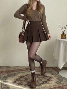 Chân váy xếp ly cạp cao cho nữ, chân váy chữ A đa năng, chân váy ngắn màu trơn phong cách Y2K mùa xuân - màu nâu - Xem 4