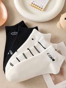 5 Pairs Women's Black & White Polka Dot, Striped, Printed Breathable Minimalist Ankle Socks, Suitable For Daily And Commute Wear, All Seasons - Multicolor - View 2