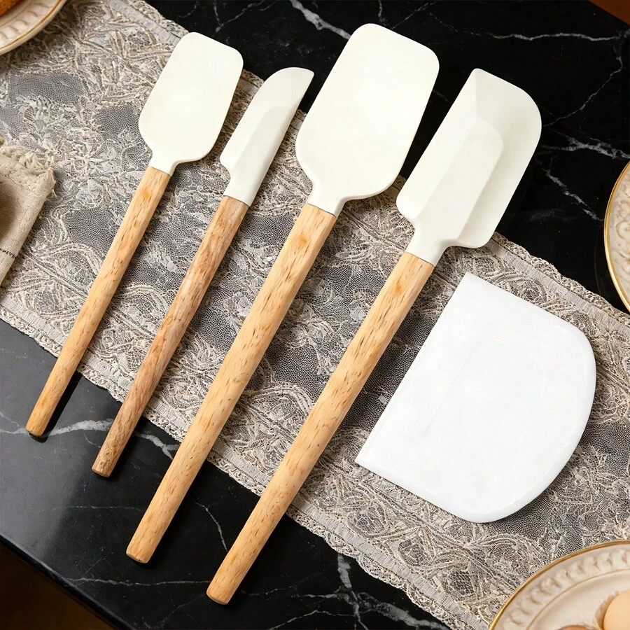 4pcs Silicone Spatula Set With Plastic Scraper, Including: Spatula & Scraper Combo, Long Handle Silicone Spatula, Wooden Handle Spatula Set, Heat Resistant Non-Stick Scraper Baking Mixing Kitchen Tools - Multicolor - View 1