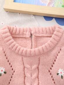 Bộ áo liền quần dài tay dệt kim thêu họa tiết cho bé gái, kiểu dáng thường ngày, thích hợp cho mùa thu/đông. - Hồng - Xem 3