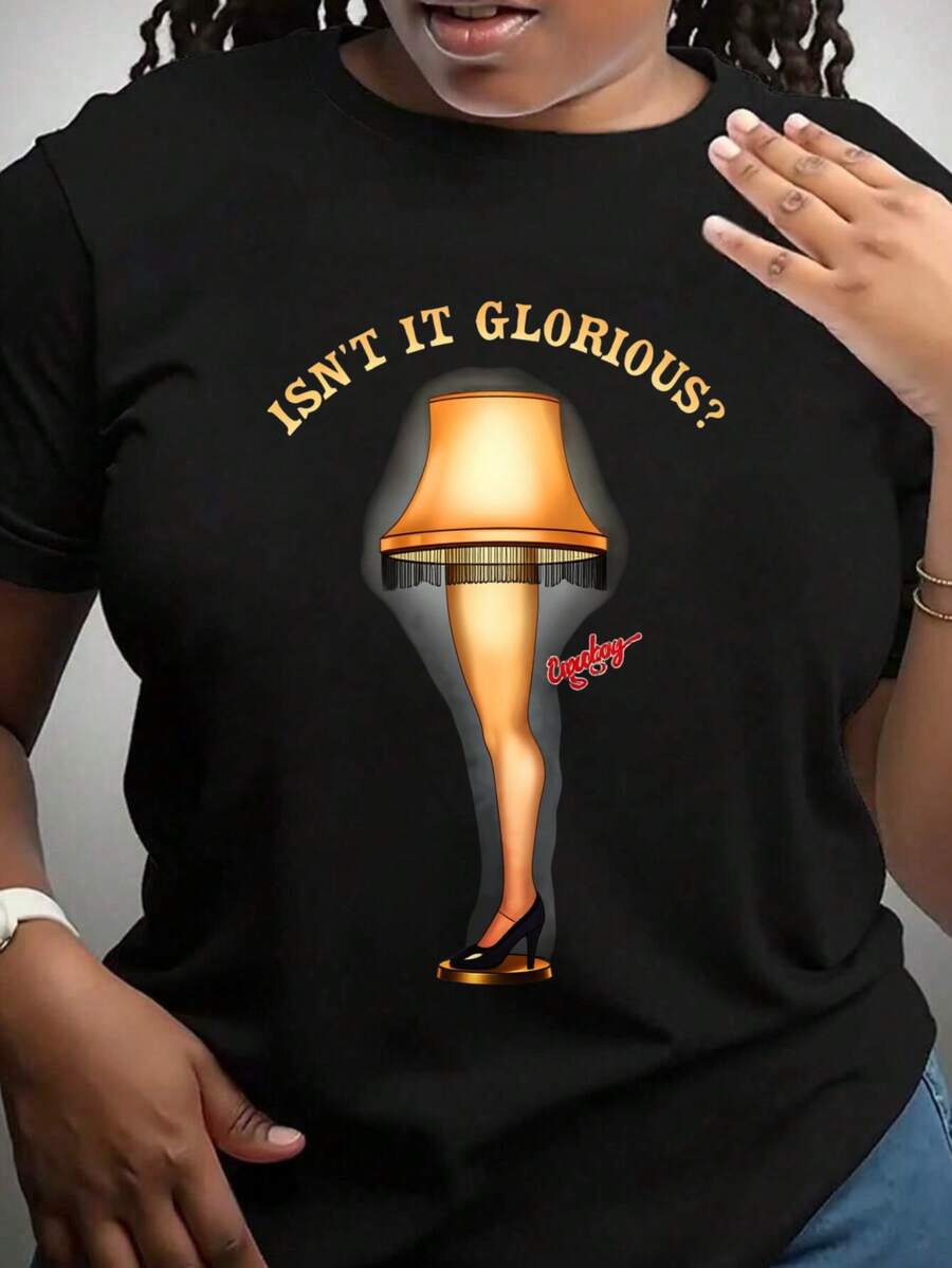 Isn't It Glorious Leg Lamp Design Graphic T-Shirt For Women, Oversized Crewneck Tees Casual Wear, Spring Cotton Tops Short Sleeve, Summer Basic Tees, Funny Clothes For Women - 黑色 - 查看 1