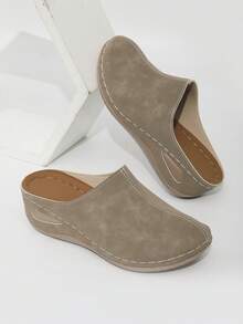 Women's New Round Toe Casual Slip-On Wedge Heel Loafers - Khaki - View 9