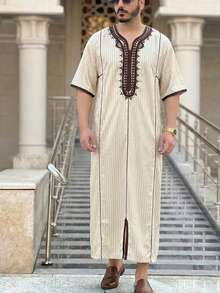 摩洛哥式 Jallabiya 男士穆斯林長袍，短袖刺繡條紋設計，男士傳統服飾，節慶派對祈禱袍 - 香檳色 - 查看 1