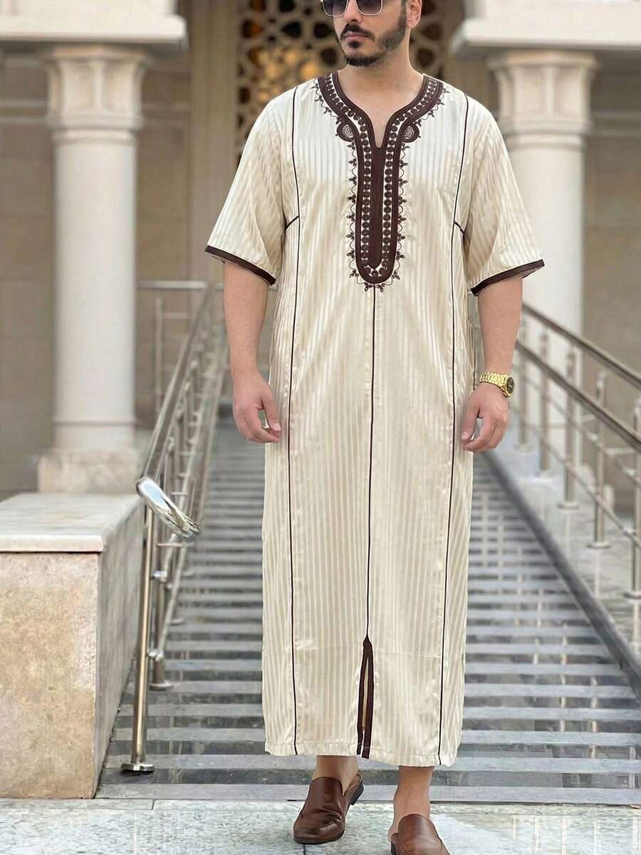 摩洛哥式 Jallabiya 男士穆斯林長袍,短袖刺繡條紋設計,男士傳統服飾,節慶派對祈禱袍 - 香檳色 - 查看 1