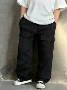1pc Young BoyFashionable Multi-Pocket Design Outdoor Casual Versatile Straight Leg Cargo Pants - Black - View 1