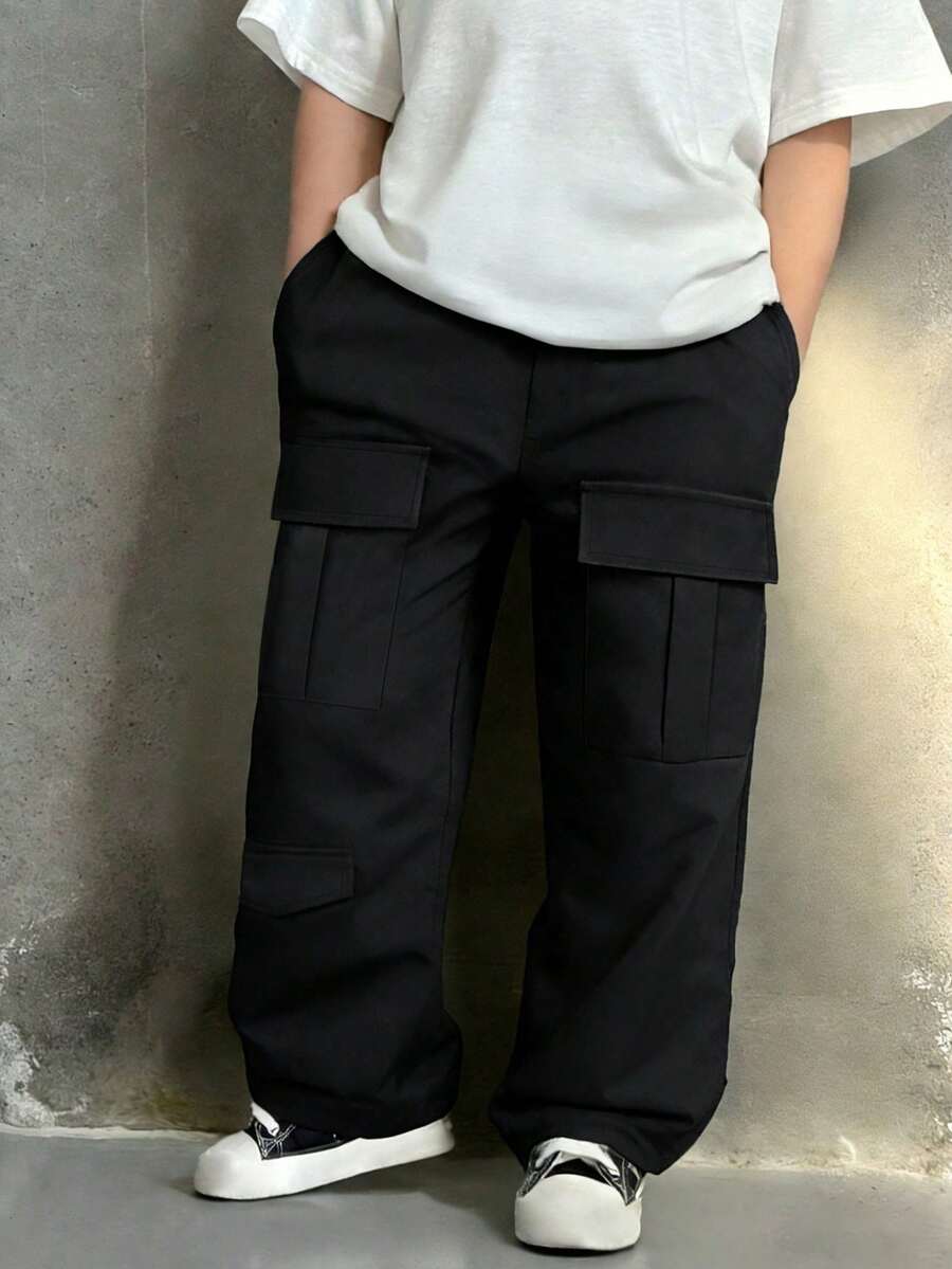 1pc Young BoyFashionable Multi-Pocket Design Outdoor Casual Versatile Straight Leg Cargo Pants - Black - View 1
