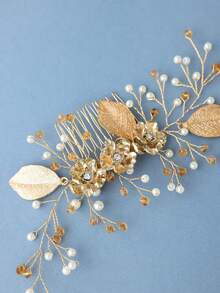 1pc Gold Tone Alloy Flower & Faux Pearl Elegant Lady Hair Comb, Bridal Wedding Headpiece - Gold - View 6