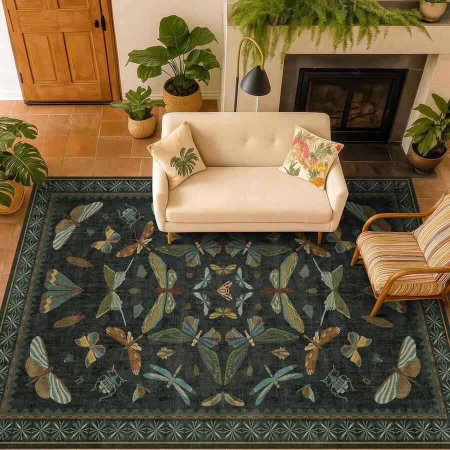 1PC Butterfly Dragonfly Leaf Pattern Design Christmas Rug 5x7 Washable Area Rugs For Living Room Bedroom, Velvet Material Low-Pile Carpet Suitable For Indoor Outdoor High Traffic Areas, Exquisite Floral Pattern , Home Decor Gift, Holiday Print Mat - 1PC - Xem 1