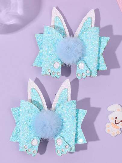 2pcs Easter Day Blue Glitter Bunny Ear Hair Bows For Girls ,Cute Fluffy Pom-Pom & Rhinestone Decor Hair Pins ,Alligator Clips ,Party Celebration Hair Barrettes ,Playful Hair Accessories For Daily Wear ,Party & Prom