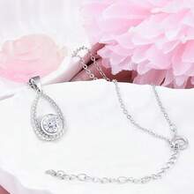 Adjustable Pure Silver Cubic Zirconia Oval Pendant Necklace, Hypoallergenic, Fashion Necklace For Women, Birthday Gift - Silver - View 3