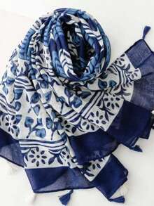 1pc Women's Headscarf, Blue & White Porcelain Wave & Geometric Pattern Balinese Chiffon Tassel Shawl - Multicolor - View 6