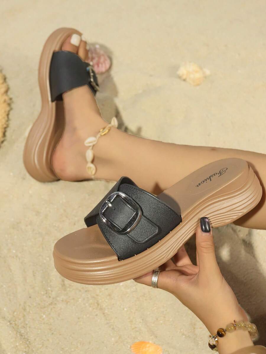 Women's New Solid Beige Buckle Thick Sole Slip-On Sandals, Casual Vacation Beach Style, Spring/Summer, Brown Fashion Versatile Sandals - Black - View 1