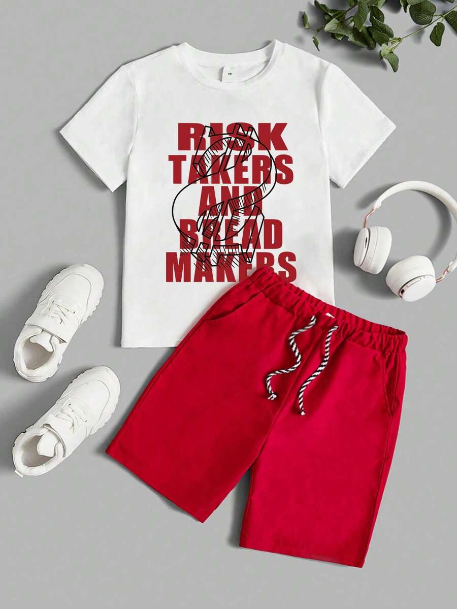 Set de 2 piezas de camiseta de manga corta con estampado de letras y pantalones cortos casuales para niños - Rojo - Ver 1