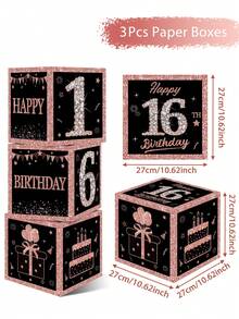 3 Stück/Set Rosa & Schwarz 40. Geburtstag Papierboxen, 16./21./30./40./50./60. Geburtstags Party Deko, 16/21/40 Jahre alt Zubehör, Glücklicher Geburtstags Party Dekoration, Heim Party Zubehör Hintergrund Dekorative Boxen, Party Hintergrund Deko, Fotografie Requisiten, Überraschungs Geschenkverpackungs Boxen - Schwarz Rosa - Übersicht 13