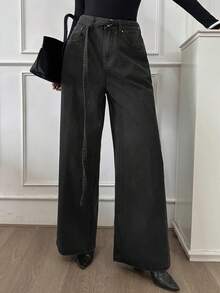 DAZY 女式抽绳腰系带直筒休闲牛仔裤 Old Money 风格商务休闲女装 - 黑色 - 查看 7