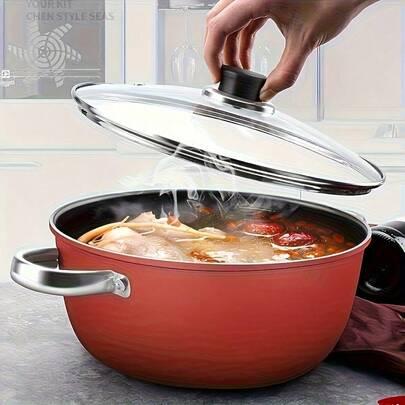 10 Inch Stone-Derived Nonstick Stock Pot - Iron Core Even Heating, Induction-Compatible For Stewing/Boiling (Red) | Christmas Holiday Gift For Home Cooks