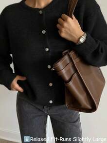 Áo khoác cardigan dệt kim mềm mại, đa năng kiểu vintage EAVA dành cho nữ, mẫu mới Thu/Đông, có cúc cài, cổ tròn, thích hợp cho ngày Valentine, màu đen. - màu đen - Xem 3