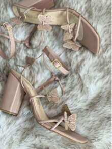 Sandalias de mujer mariposa decoración punta abierta tiras múltiples tacón ancho estilo romántico para fiesta y verano - Rosa Oxidada - Ver 2