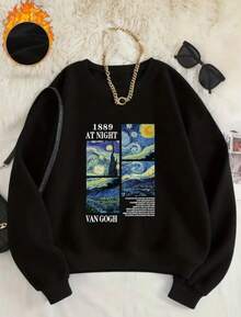 Comfortable, Soft Cotton Crew Neck Sweatshirt For Winter, Perfect For Everyday Wear. Model: "At Night Van Gogh" - New Arrival/Special Offer - 黑色 - 查看 1