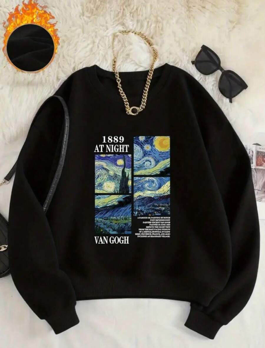 Comfortable, Soft Cotton Crew Neck Sweatshirt For Winter, Perfect For Everyday Wear. Model: "At Night Van Gogh" - New Arrival/Special Offer - 黑色 - 查看 1