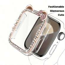 1pc Shiny Rhinestone Decor Fashionable Glamorous Cute Cat Ears Anti-Fall 2-In-1 Ultra-Thin Tempered Glass Screen Protector Watch Case, For Apple Watch 40/41/42/44/45/46mm, Series SE/10/9/8/7/6/5/4, Intelligent Watch Case Accessories - Multicolor - View 10